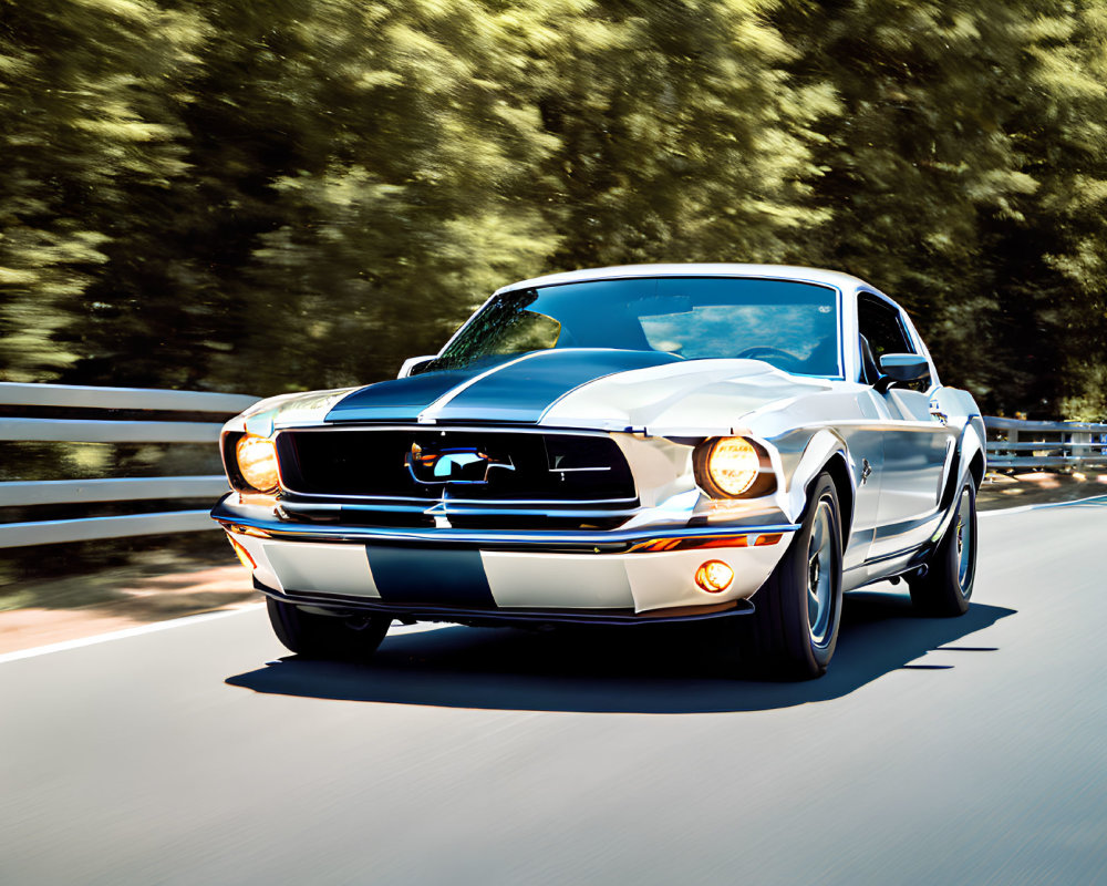 Blue and White Ford Mustang Driving on Road with Trees and Guardrails