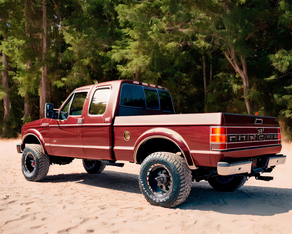 Red Pickup Truck with "FORD" Label Parked in Sandy Ground Amidst Trees