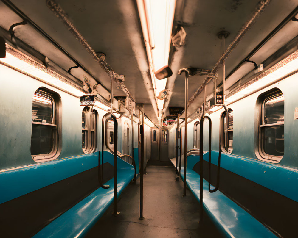 Empty Subway Car with Blue Seats and Handrails in Warm Lighting