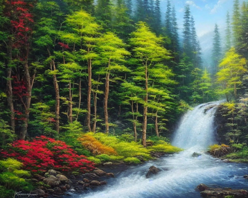 Tranquil forest scene with green trees, red flowers, waterfall, and stream