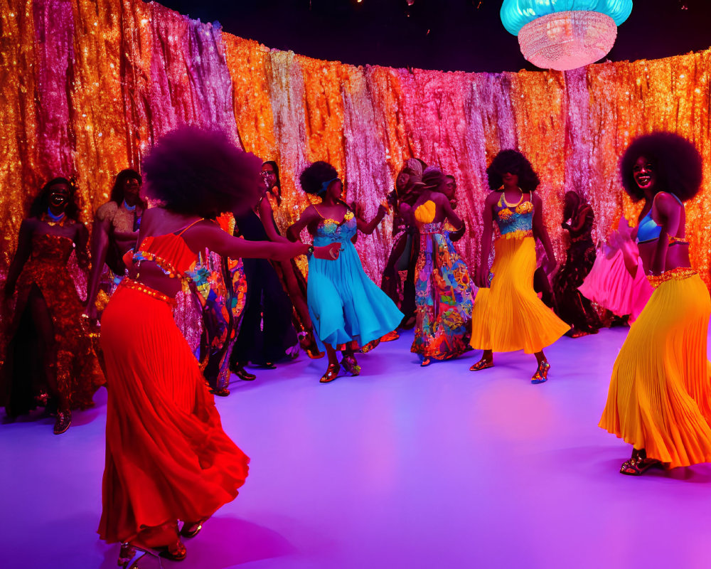 Colorful individuals dancing joyfully in vibrant setting