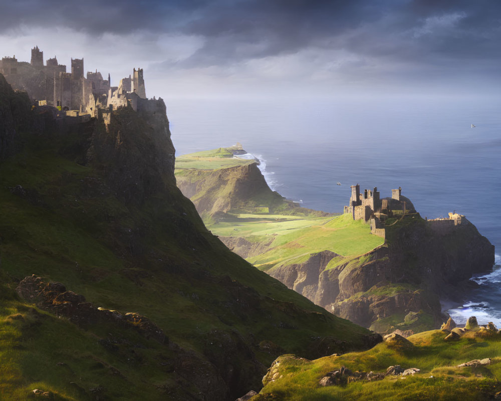 Medieval castles on rugged cliffs in dramatic coastal landscape