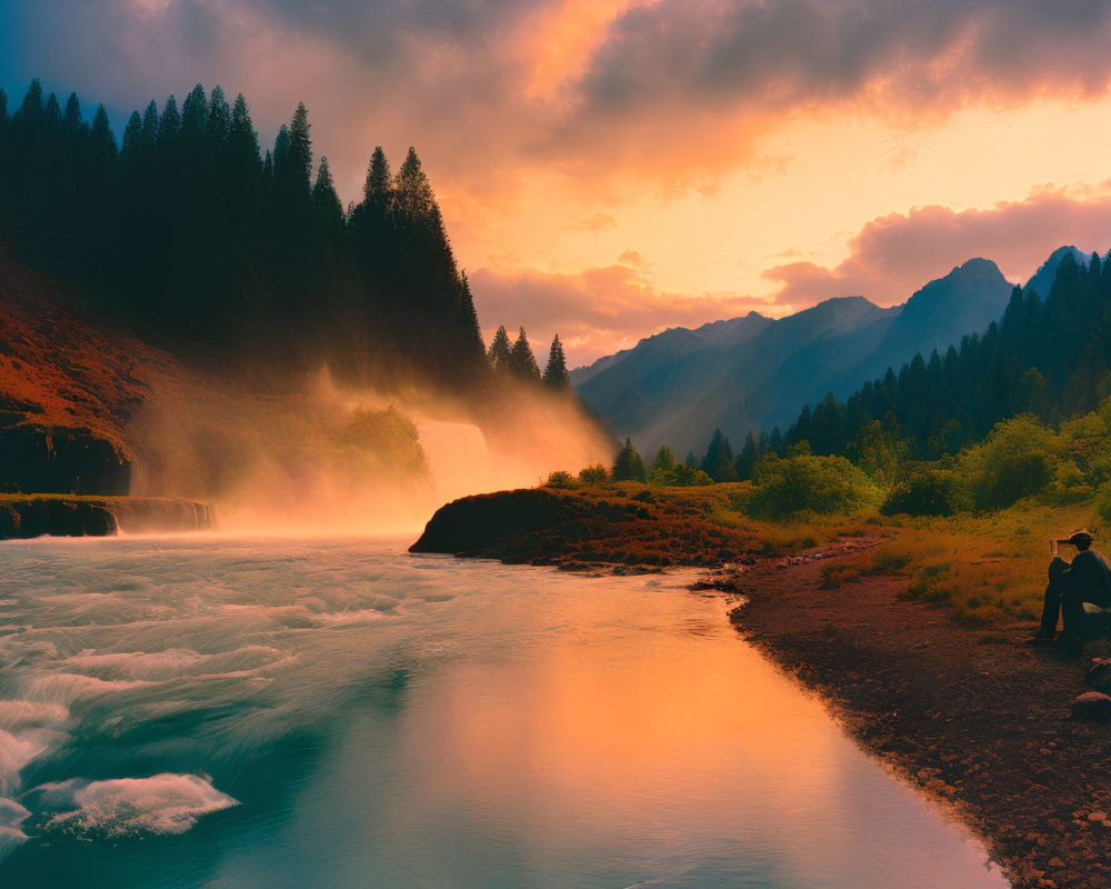 Tranquil sunset landscape with person by river and waterfalls