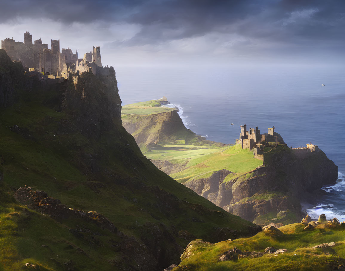 Medieval castles on rugged cliffs in dramatic coastal landscape