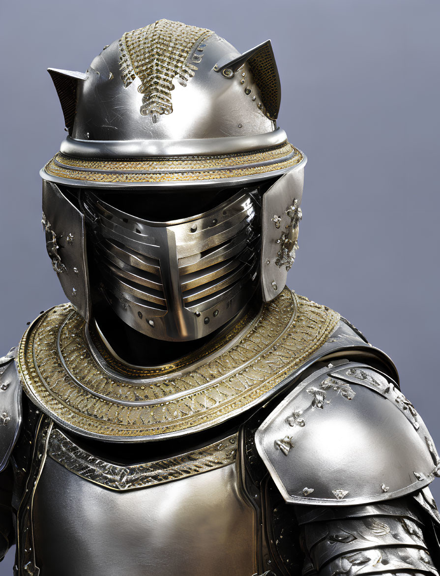 Detailed medieval knight's suit of armor with ornate helmet and metalwork.