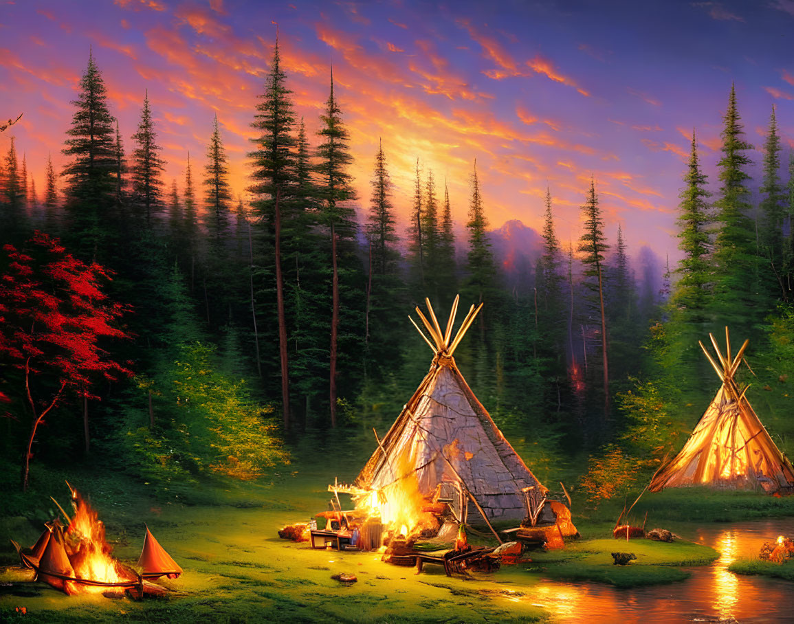 Tranquil campsite with teepees, campfire, canoes, river, forest, sunset