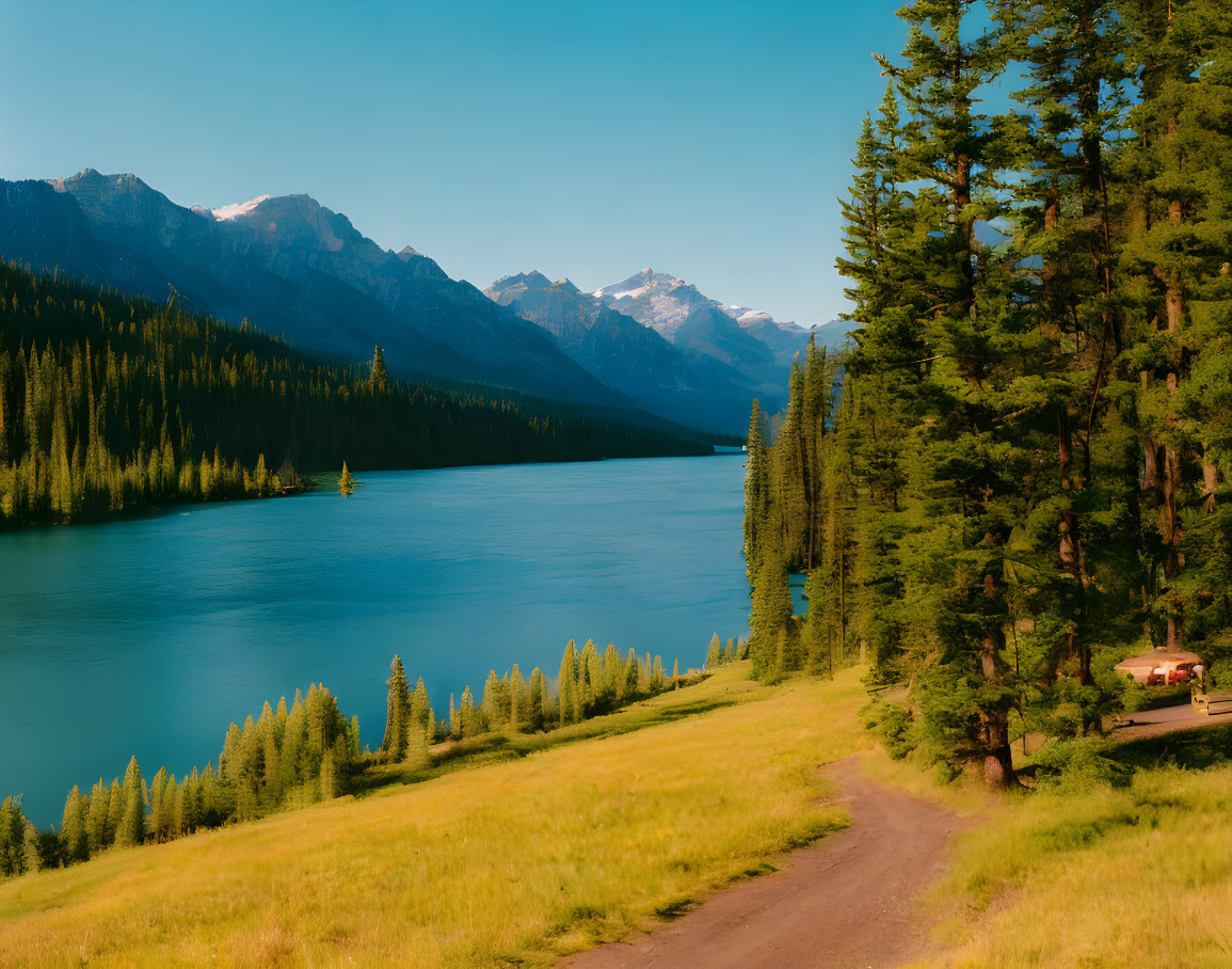 Tranquil Mountain Lake with Evergreens and Picnic Area