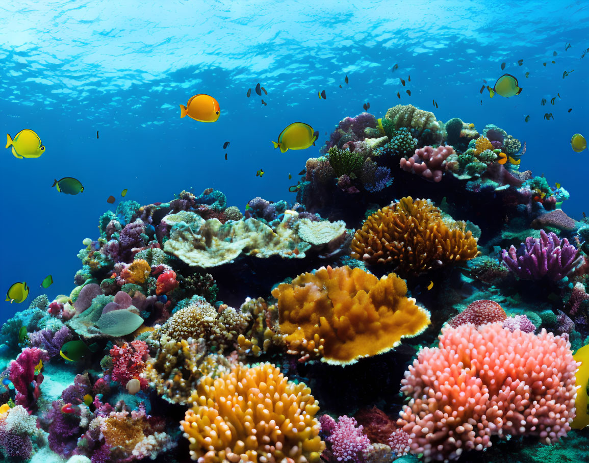 Colorful Coral Reef with Fish in Clear Blue Water