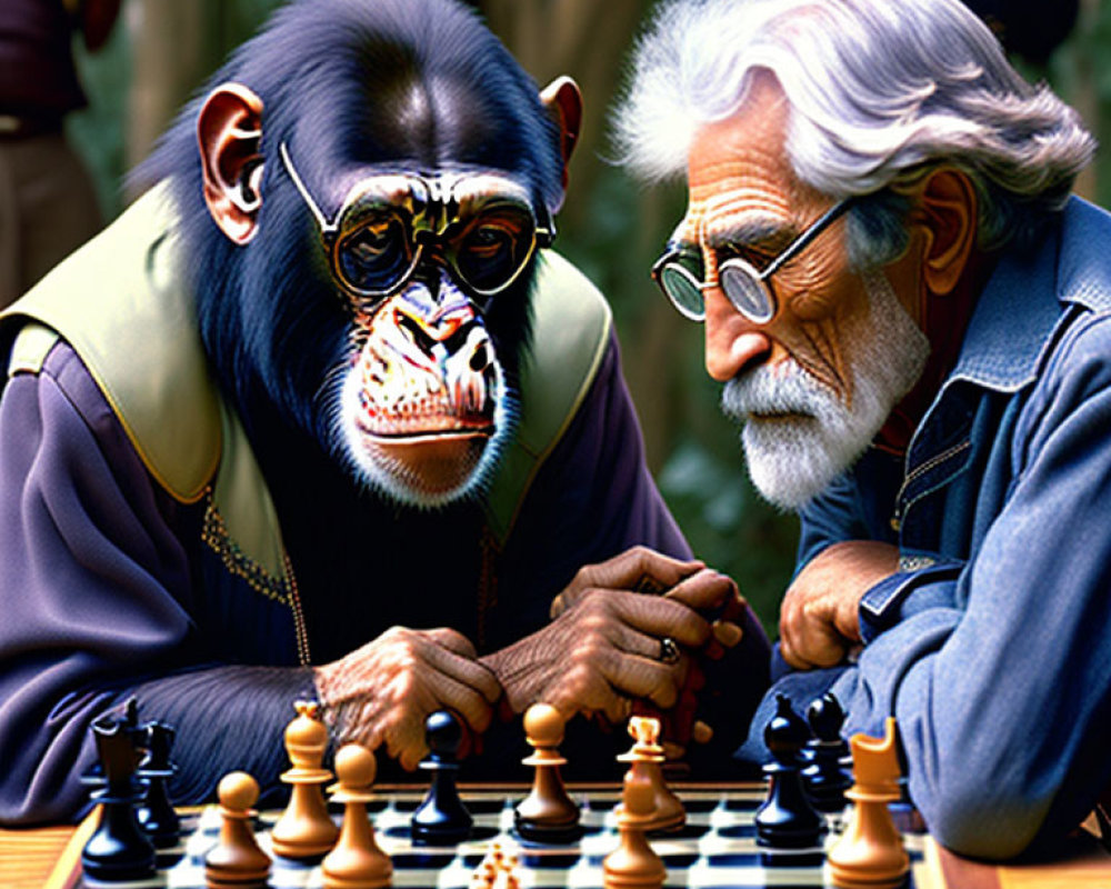 Chimpanzee and elderly man playing chess in natural setting