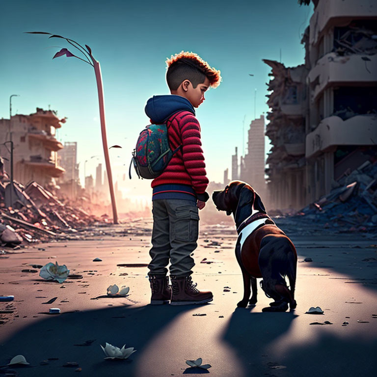 Young boy in red-striped sweater with dog in rubble under somber sky