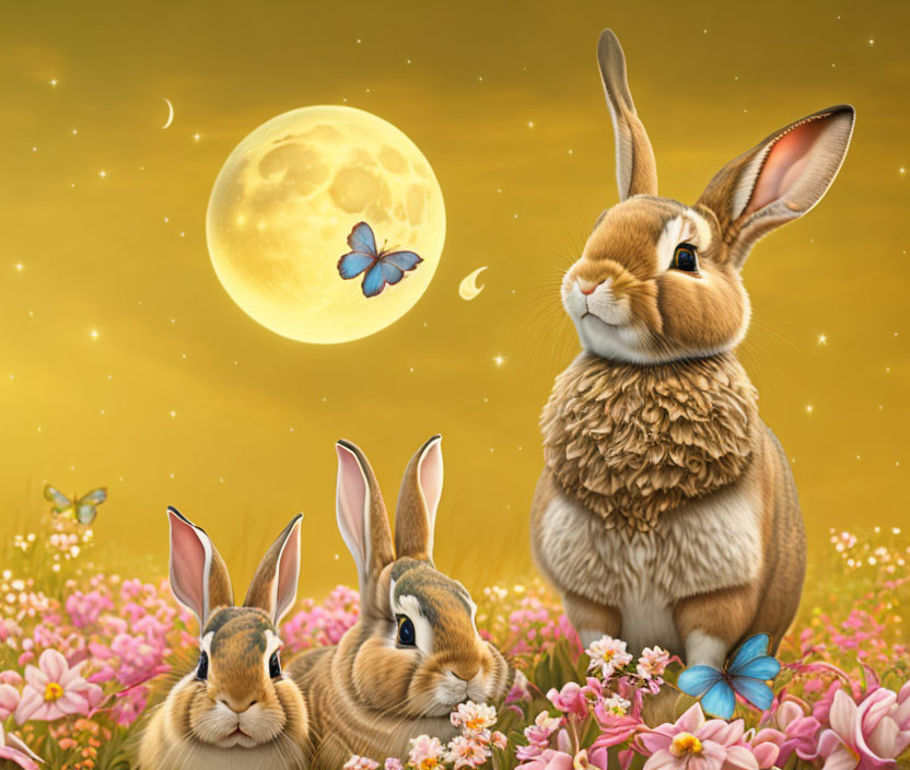 Whimsical rabbits in pink flower field under full moon
