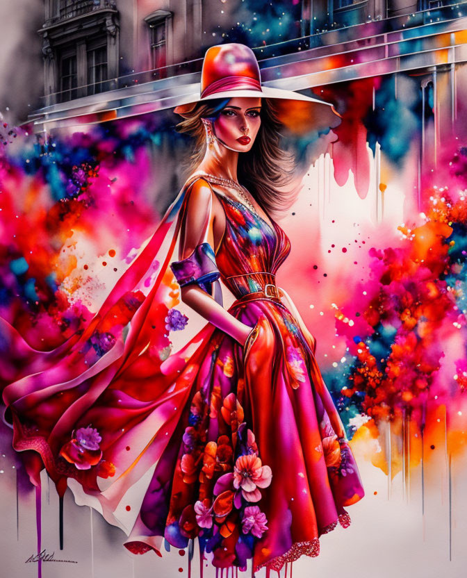 Colorful Artwork: Stylish Woman in Red Dress with Paint Splatters