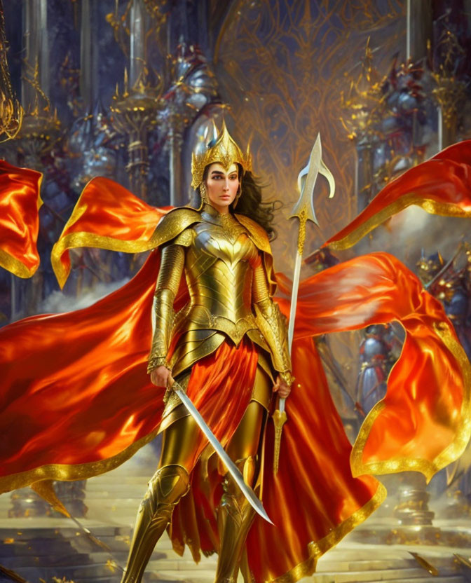 Regal warrior in golden armor with red cape and spear in grand hall