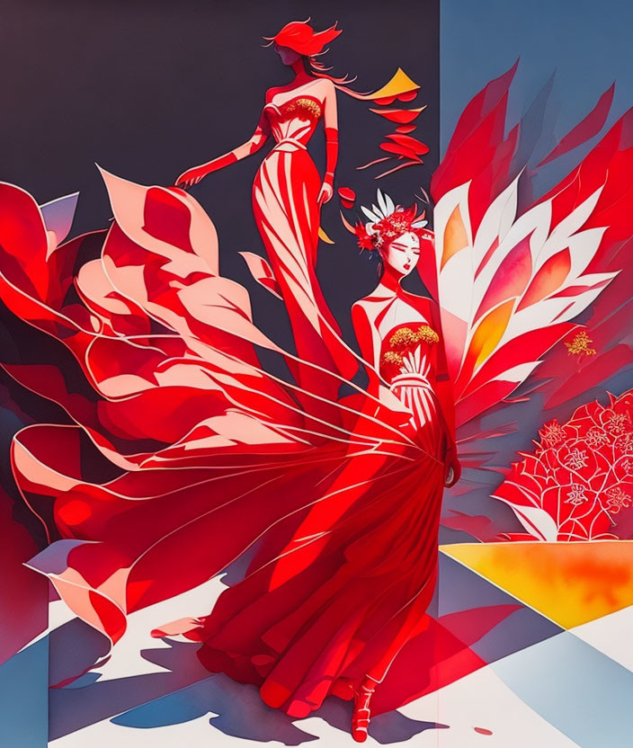 Stylized women in red dresses with floral and abstract motifs on blue and red gradient.