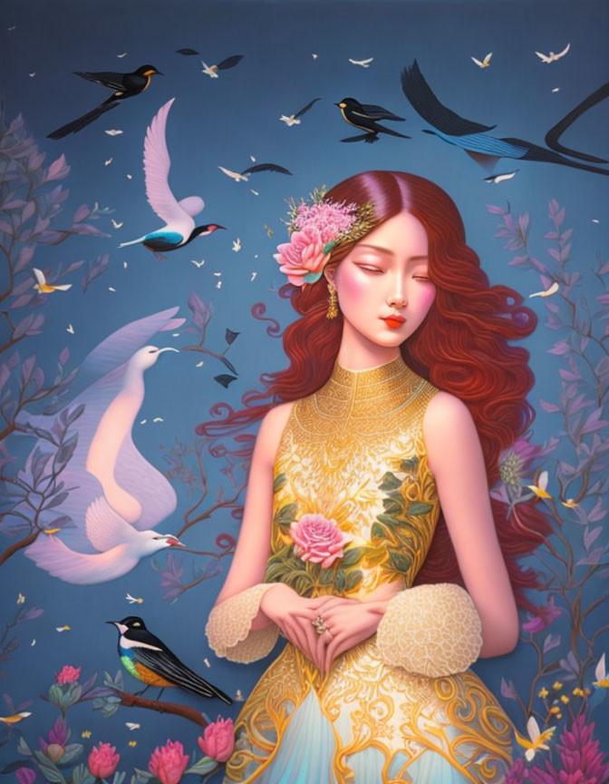 Illustration of serene red-haired female with birds and flowers on blue background