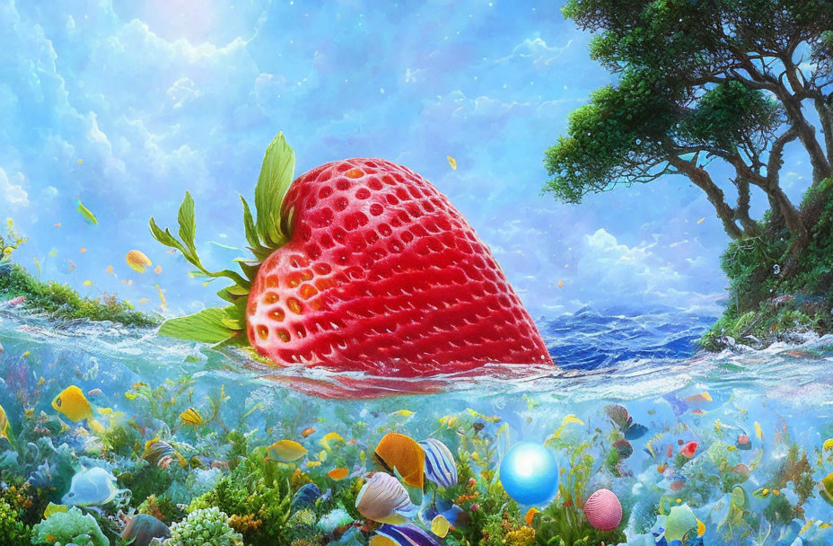 Giant Strawberry in Colorful Underwater Scene with Fish and Coral