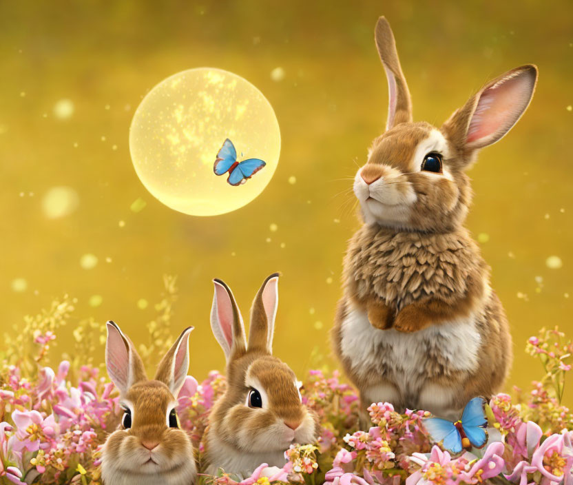 Rabbits, flowers, butterfly, and full moon in golden dreamy setting