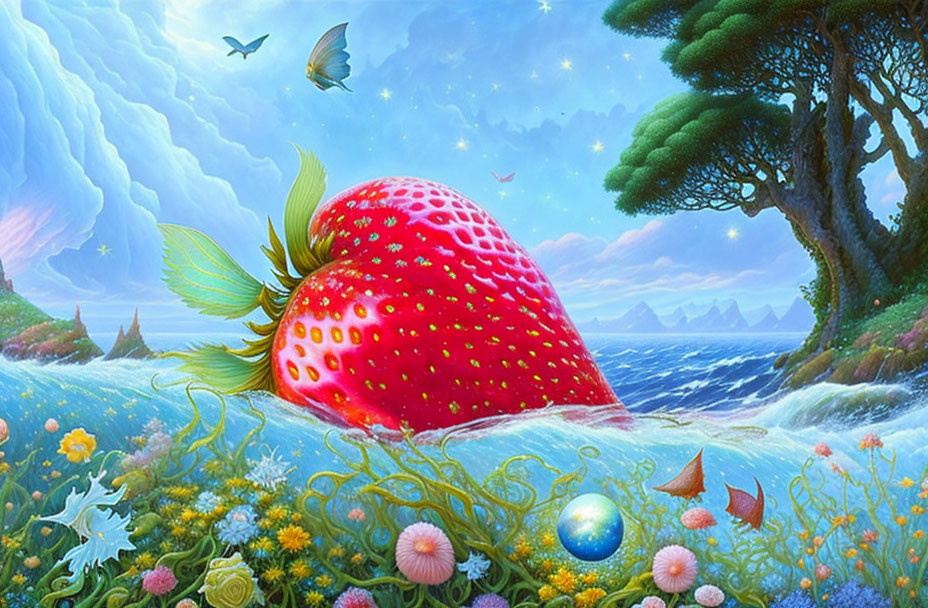 Colorful fantasy landscape with giant strawberry, flora, butterflies, hummingbird, and mystical orb by the