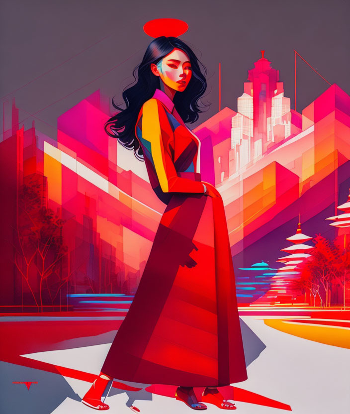 Futuristic woman in red-and-black outfit in vibrant cityscape