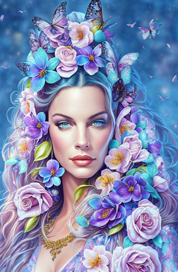 Digital illustration of woman with floral and butterfly adornments in lavender hair on starry blue background