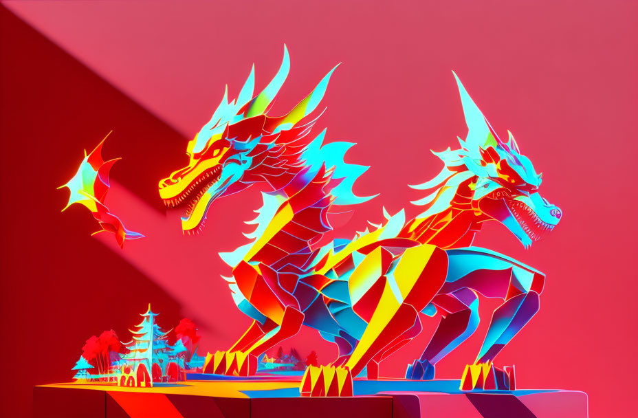 Vibrant Blue and Yellow Dragons on Red Background with Trees and Mountains