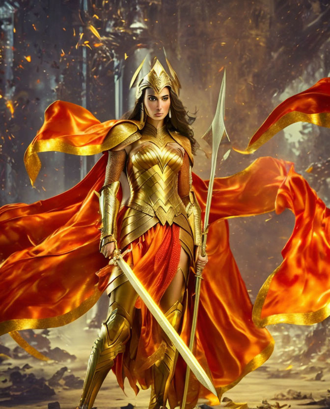 Person in Elaborate Golden Armor with Spear on Fiery Battlefield