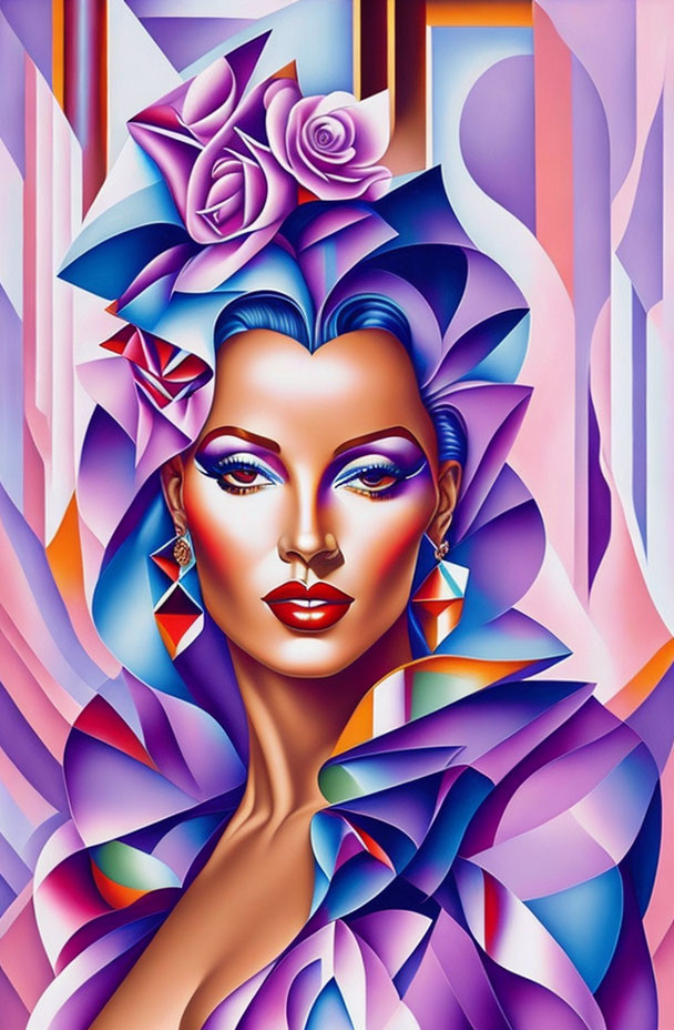 Colorful stylized portrait of a woman with geometric patterns and vibrant hues blending surrealism and modernism