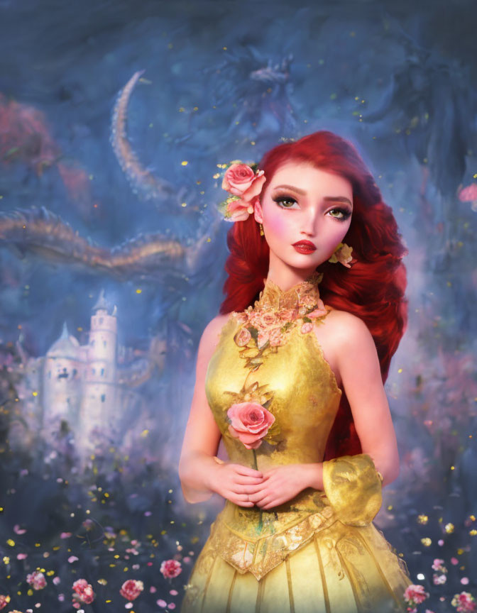 Fantasy woman with red hair in golden gown among dragons and castle