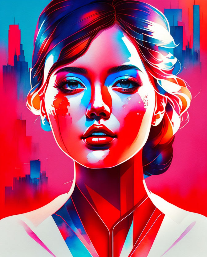Colorful digital portrait of a woman against cityscape backdrop
