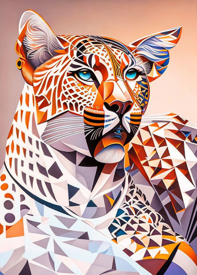 Colorful geometric leopard illustration with intricate patterns.