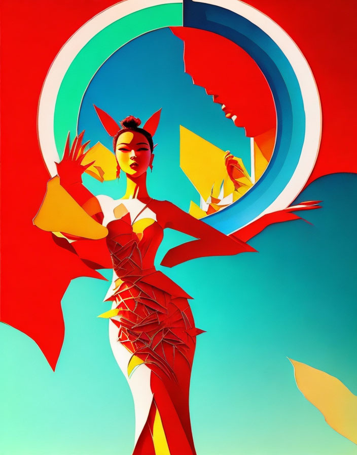 Geometric red dress woman in abstract illustration
