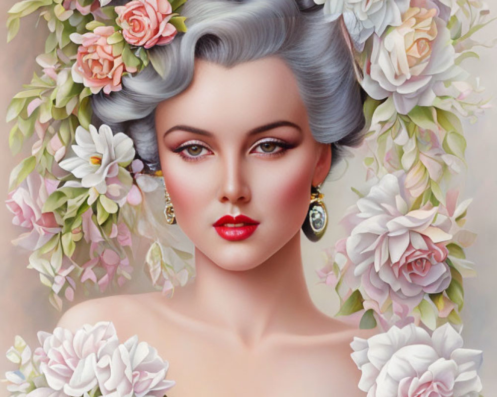 Illustrated portrait of woman with floral hairstyle and red lips