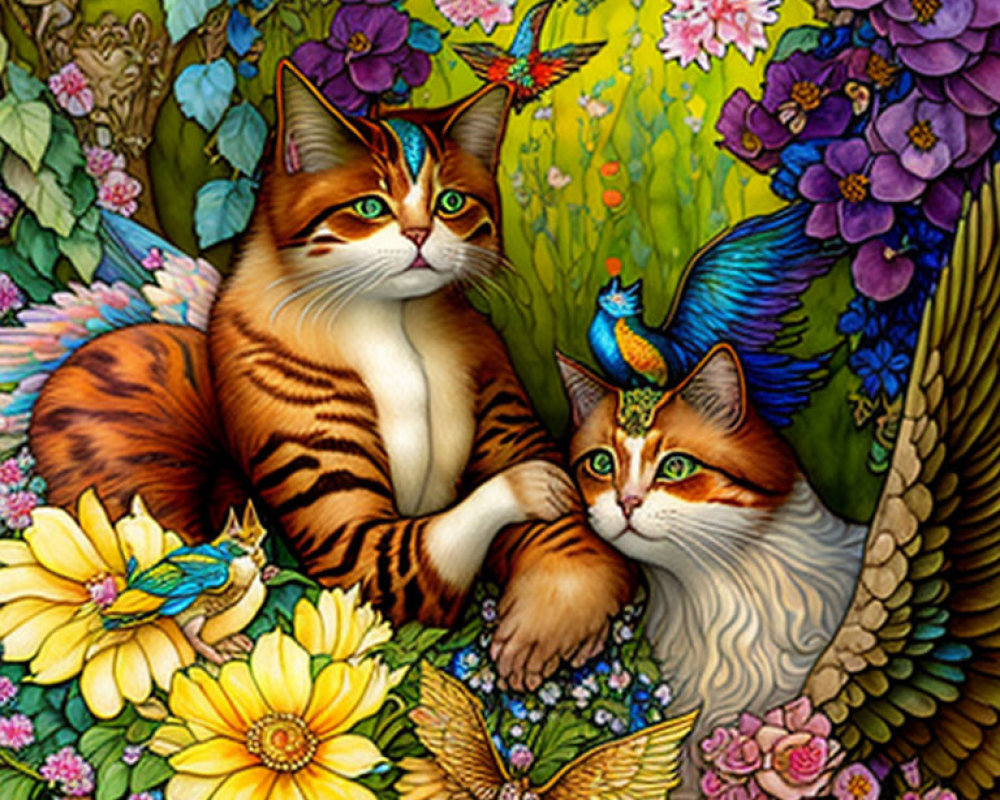 Fantasy Cats with Winged Features in Vibrant Floral Scene