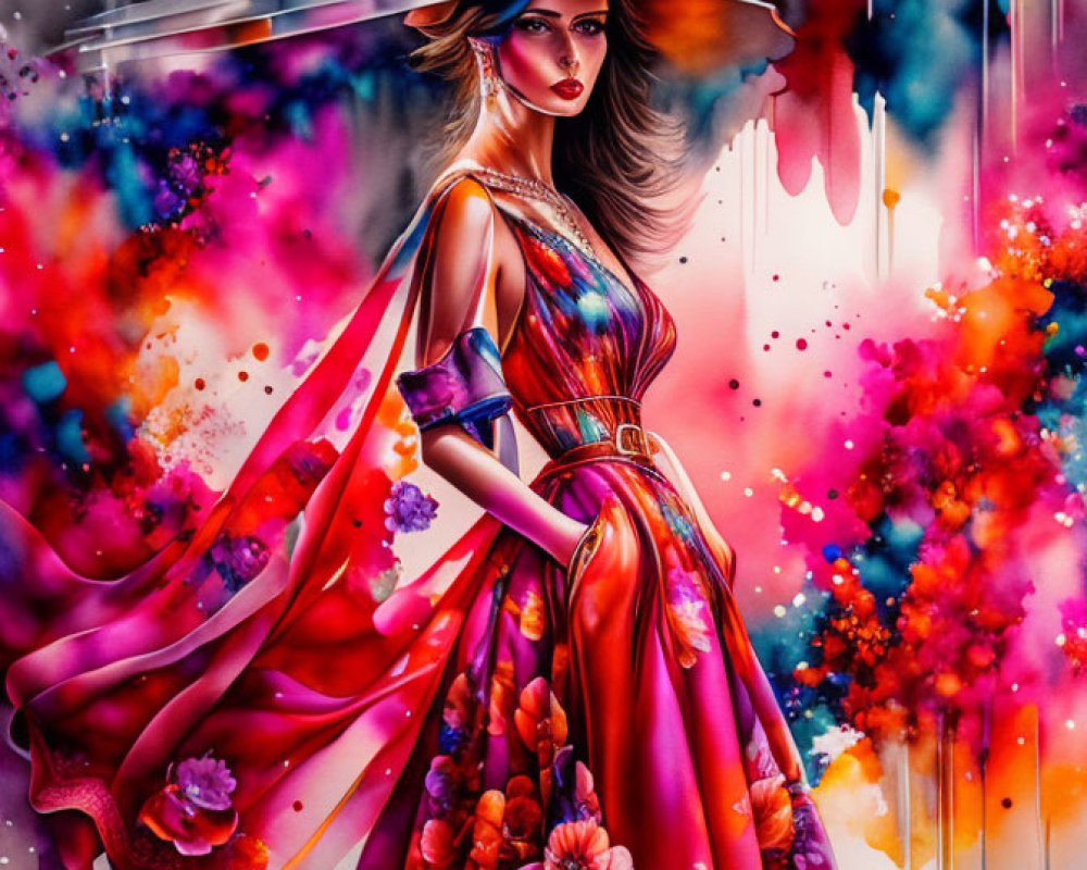 Colorful Artwork: Stylish Woman in Red Dress with Paint Splatters