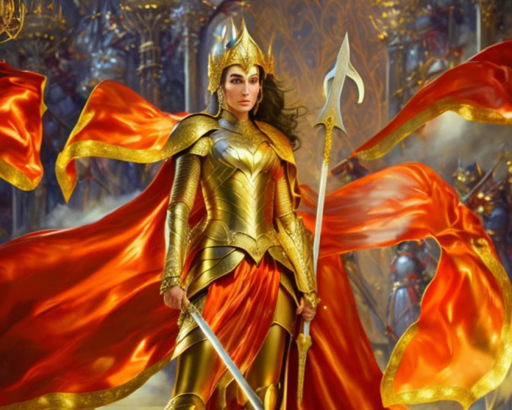 Regal warrior in golden armor with red cape and spear in grand hall