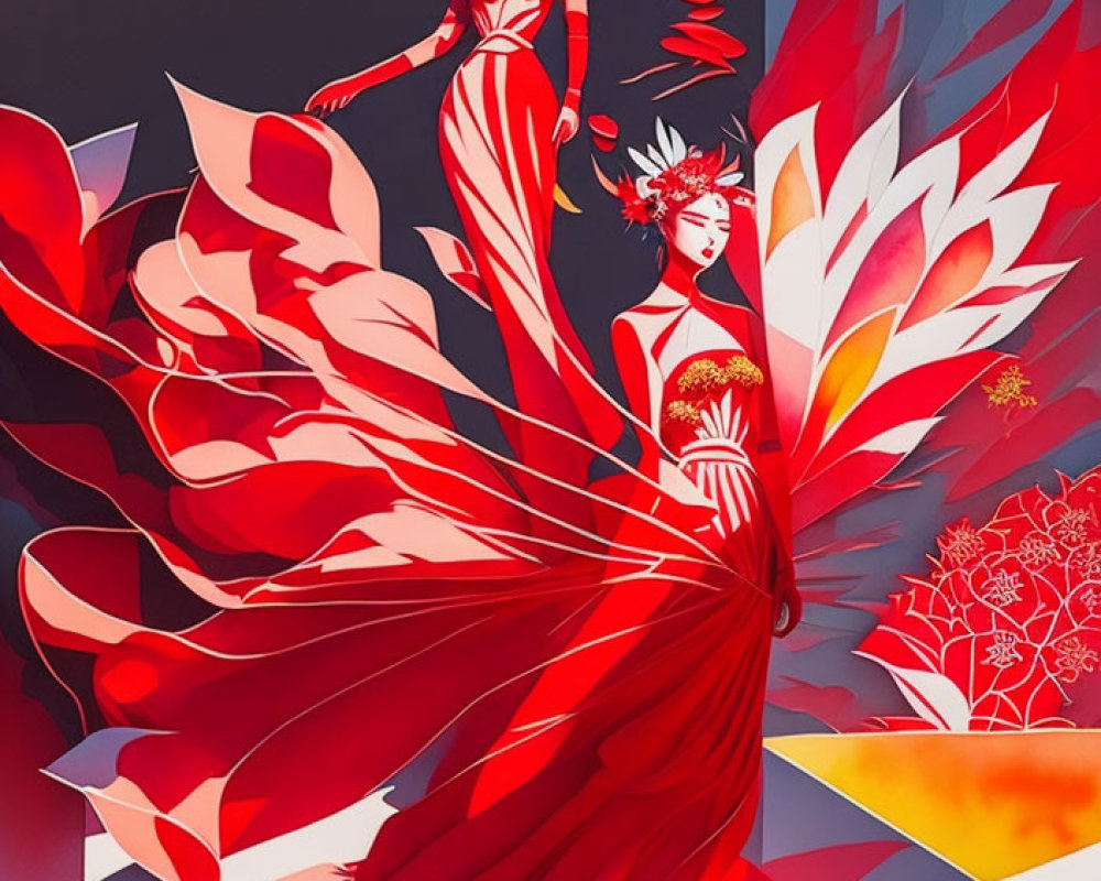 Stylized women in red dresses with floral and abstract motifs on blue and red gradient.