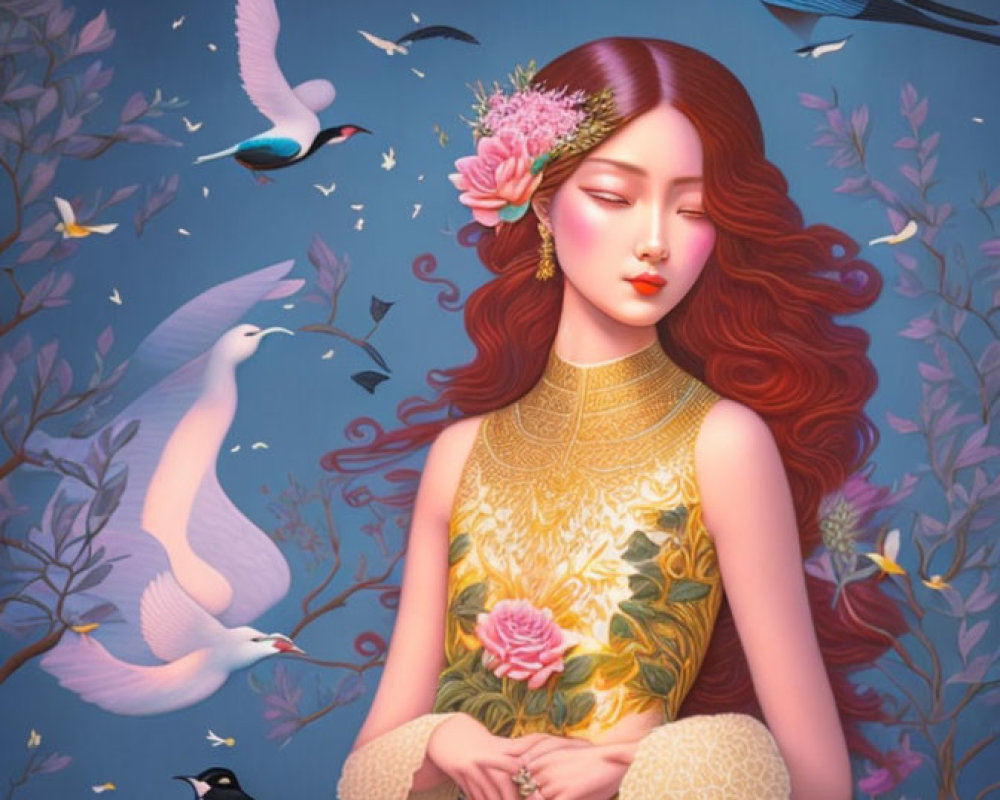 Illustration of serene red-haired female with birds and flowers on blue background