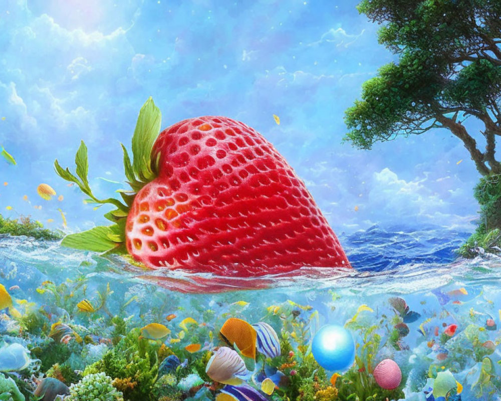 Giant Strawberry in Colorful Underwater Scene with Fish and Coral