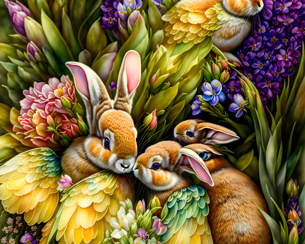 Whimsical rabbits with bird-like wings in colorful floral scene