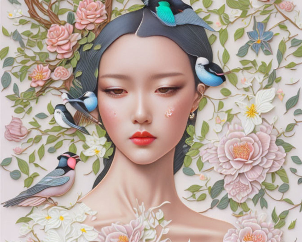 Woman in Floral Scene with Birds and Nature-Inspired Hair Accessories