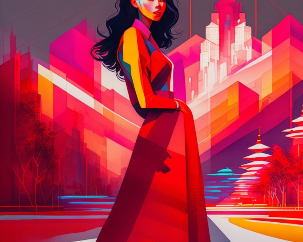 Futuristic woman in red-and-black outfit in vibrant cityscape