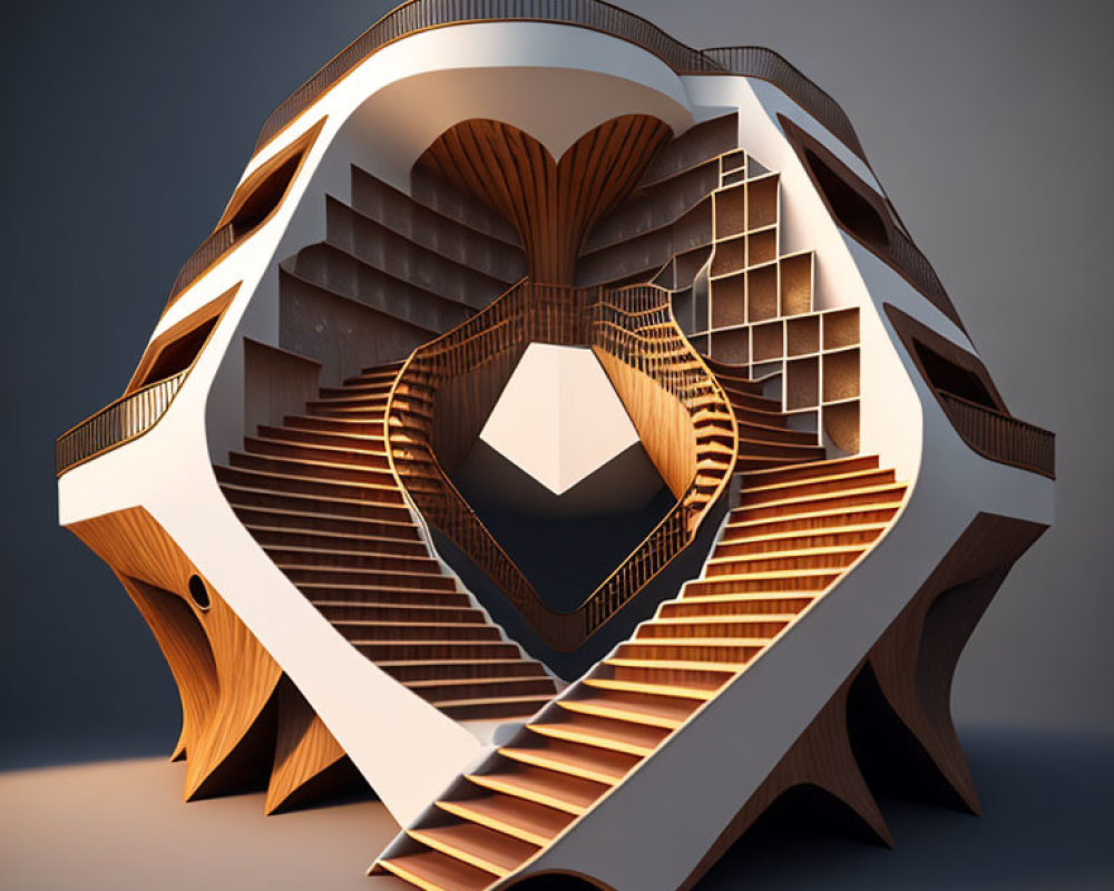 Surreal architectural structure with wooden staircases and geometric voids