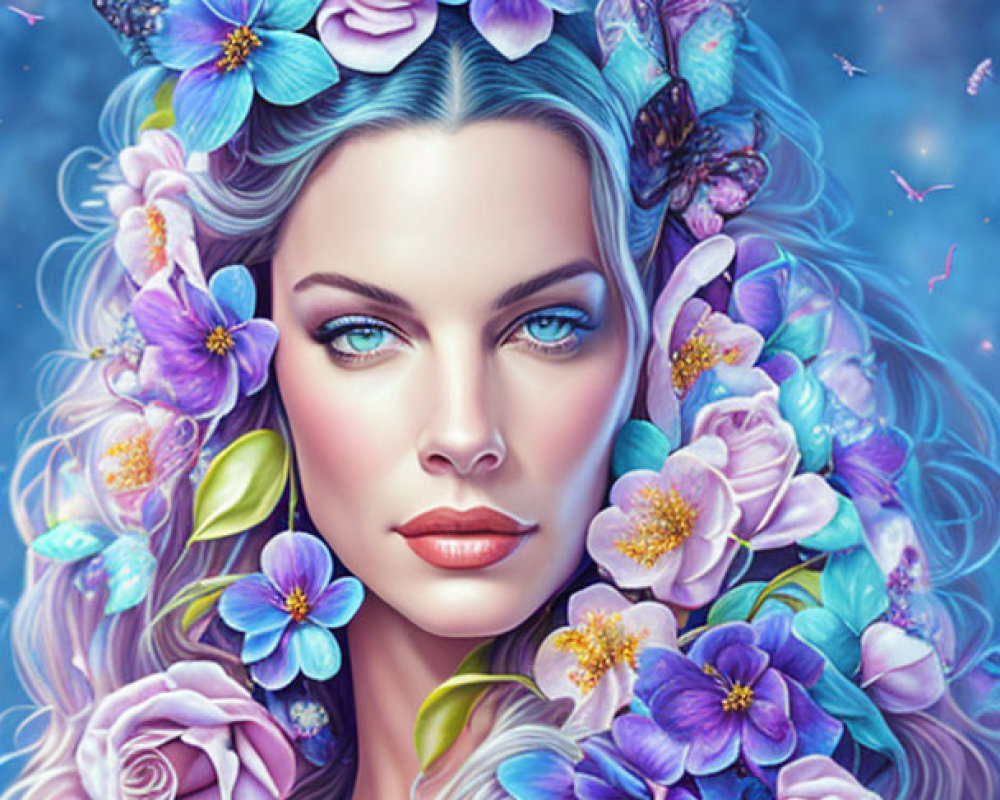 Digital illustration of woman with floral and butterfly adornments in lavender hair on starry blue background