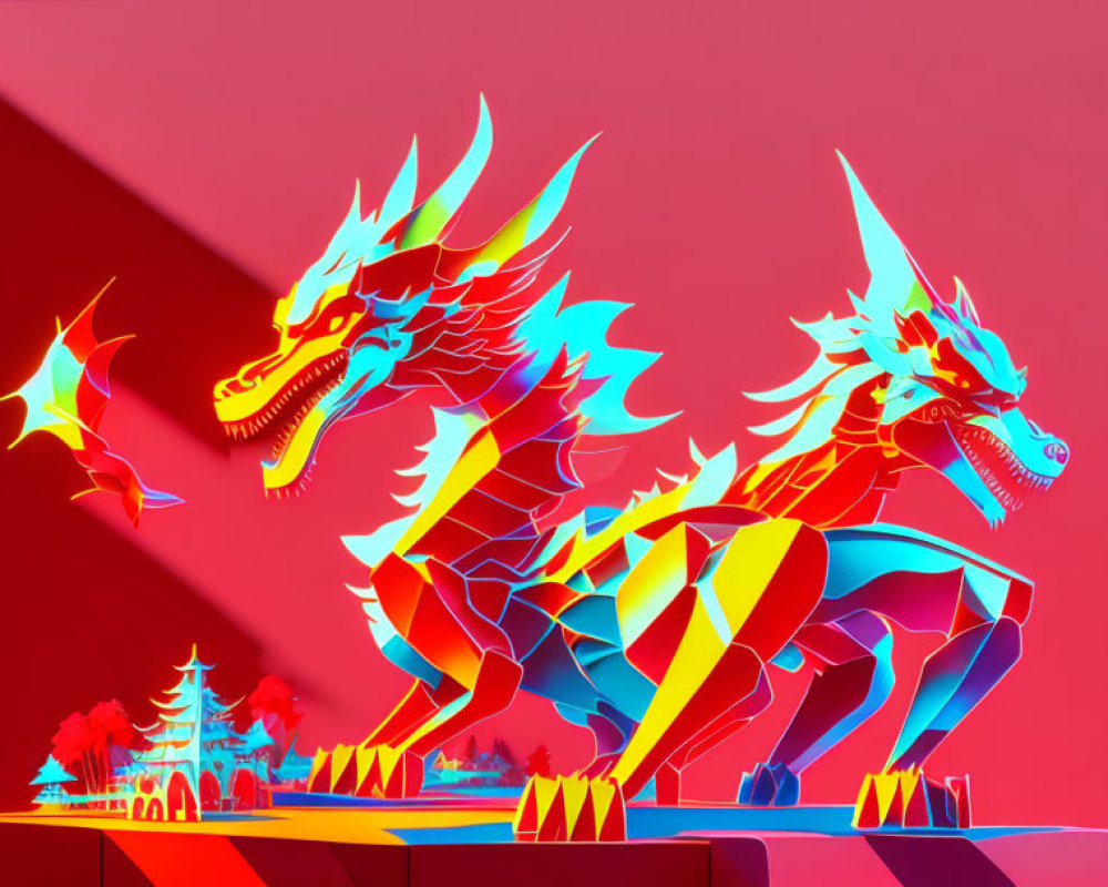 Vibrant Blue and Yellow Dragons on Red Background with Trees and Mountains