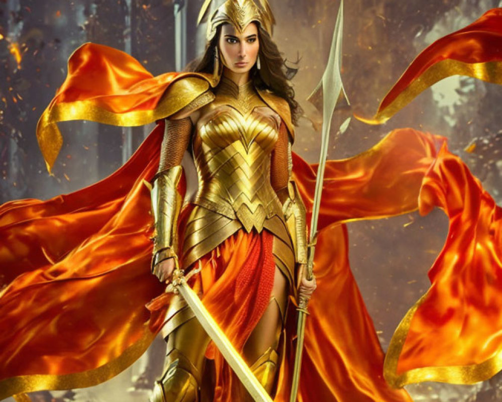 Person in Elaborate Golden Armor with Spear on Fiery Battlefield