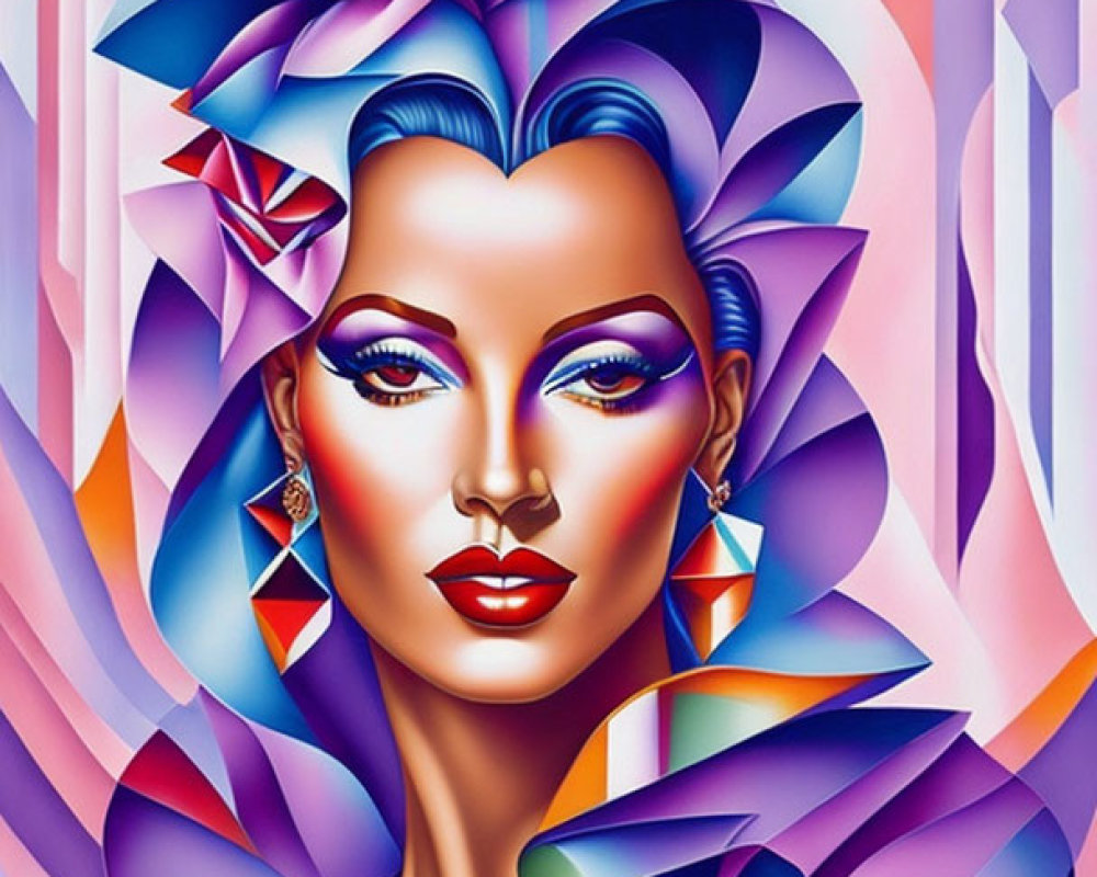 Colorful stylized portrait of a woman with geometric patterns and vibrant hues blending surrealism and modernism