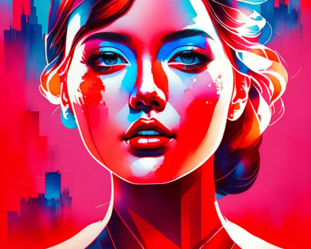 Colorful digital portrait of a woman against cityscape backdrop