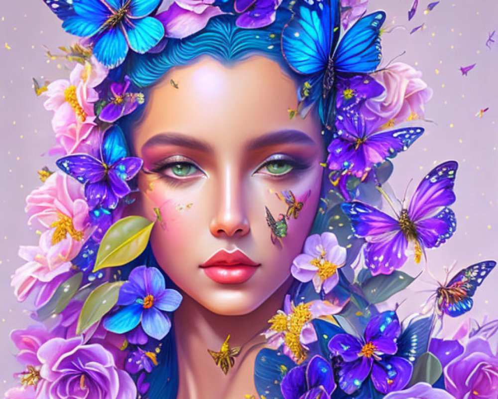 Woman with Floral and Butterfly Headdress in Vibrant Blues and Purples