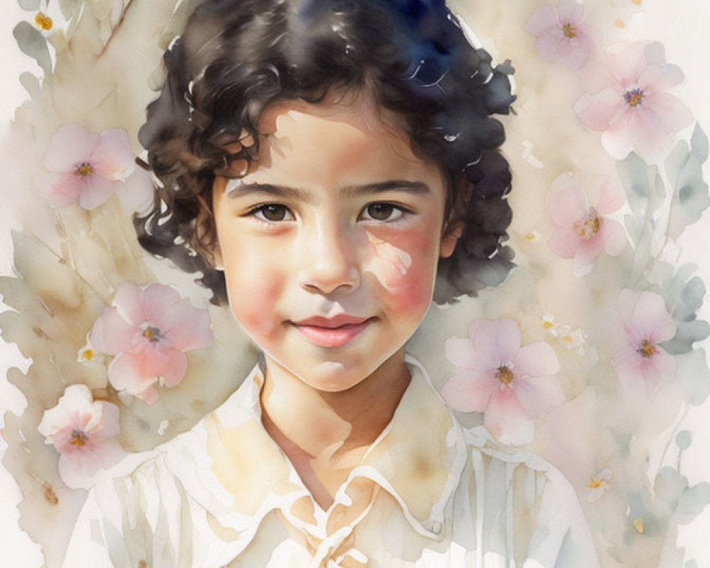 Smiling child with curly hair in watercolor portrait