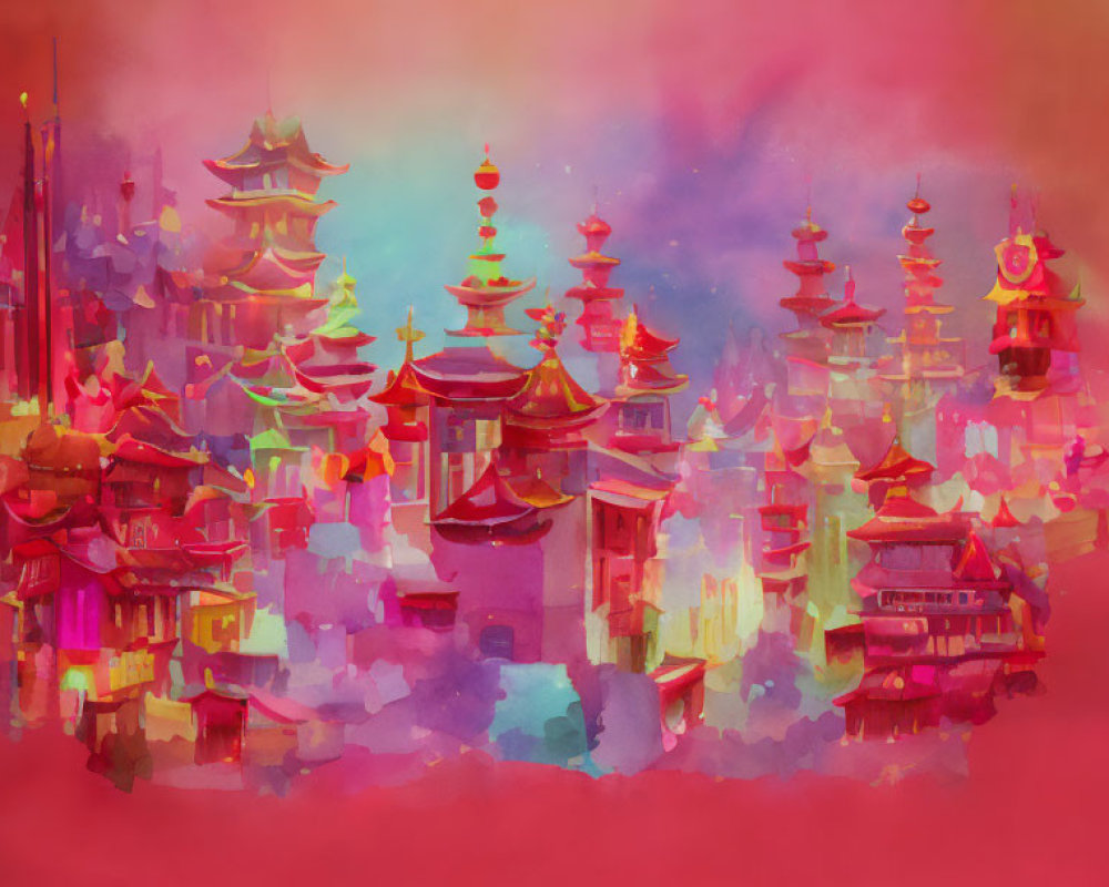 Colorful Asian-inspired fantasy cityscape with pagoda-like buildings in mystical fog